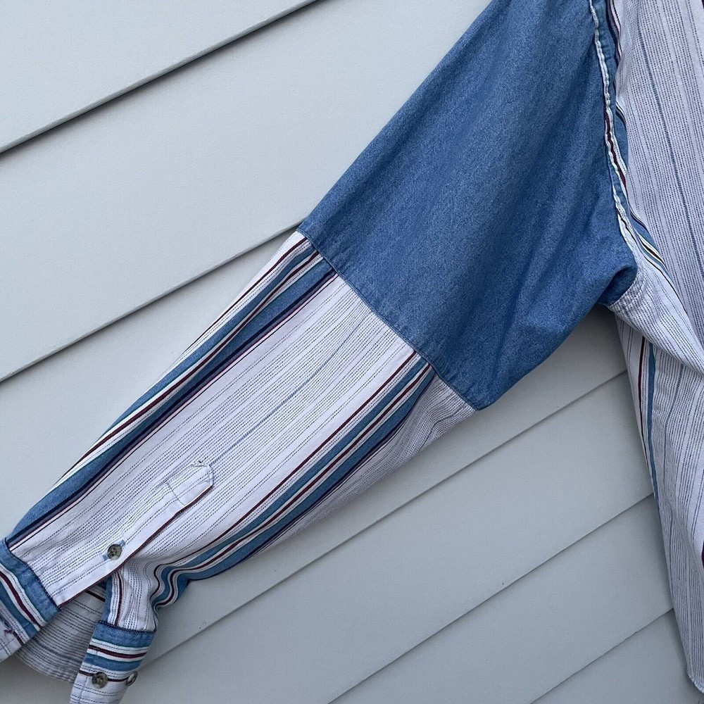 VTG Wrangler Shirt Blue Denim Stripe Brushpopper Western X-Long Tails 17.5/35 XL - Picture 6 of 12